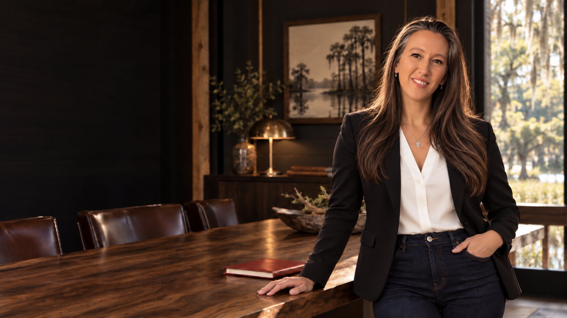 Brooke Trometer standing at a long walnut conference table