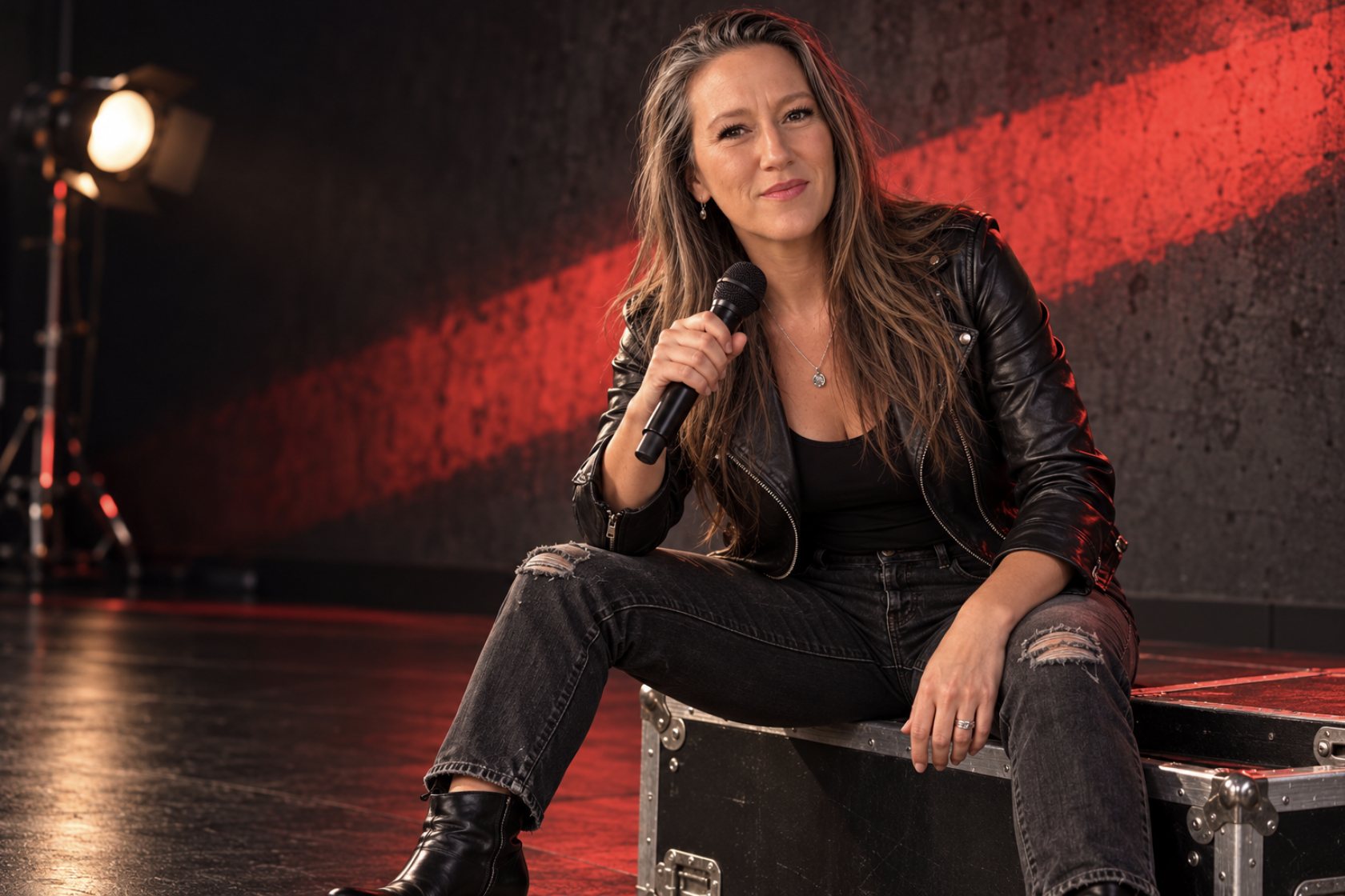 Brooke Trometer in a leather jacket holding a microphone on a dark stage