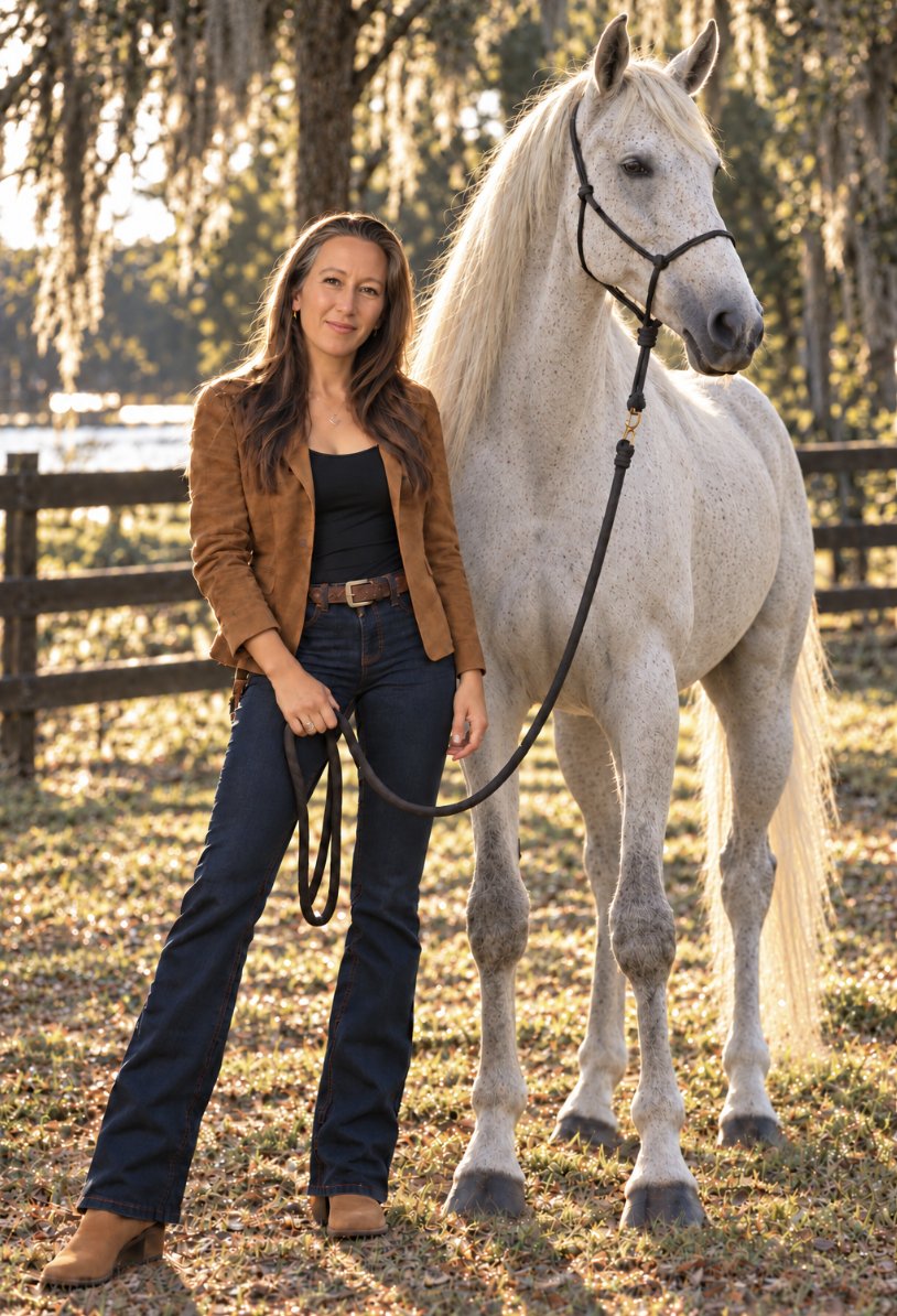 Brooke Trometer standing with a white horse under the oaks