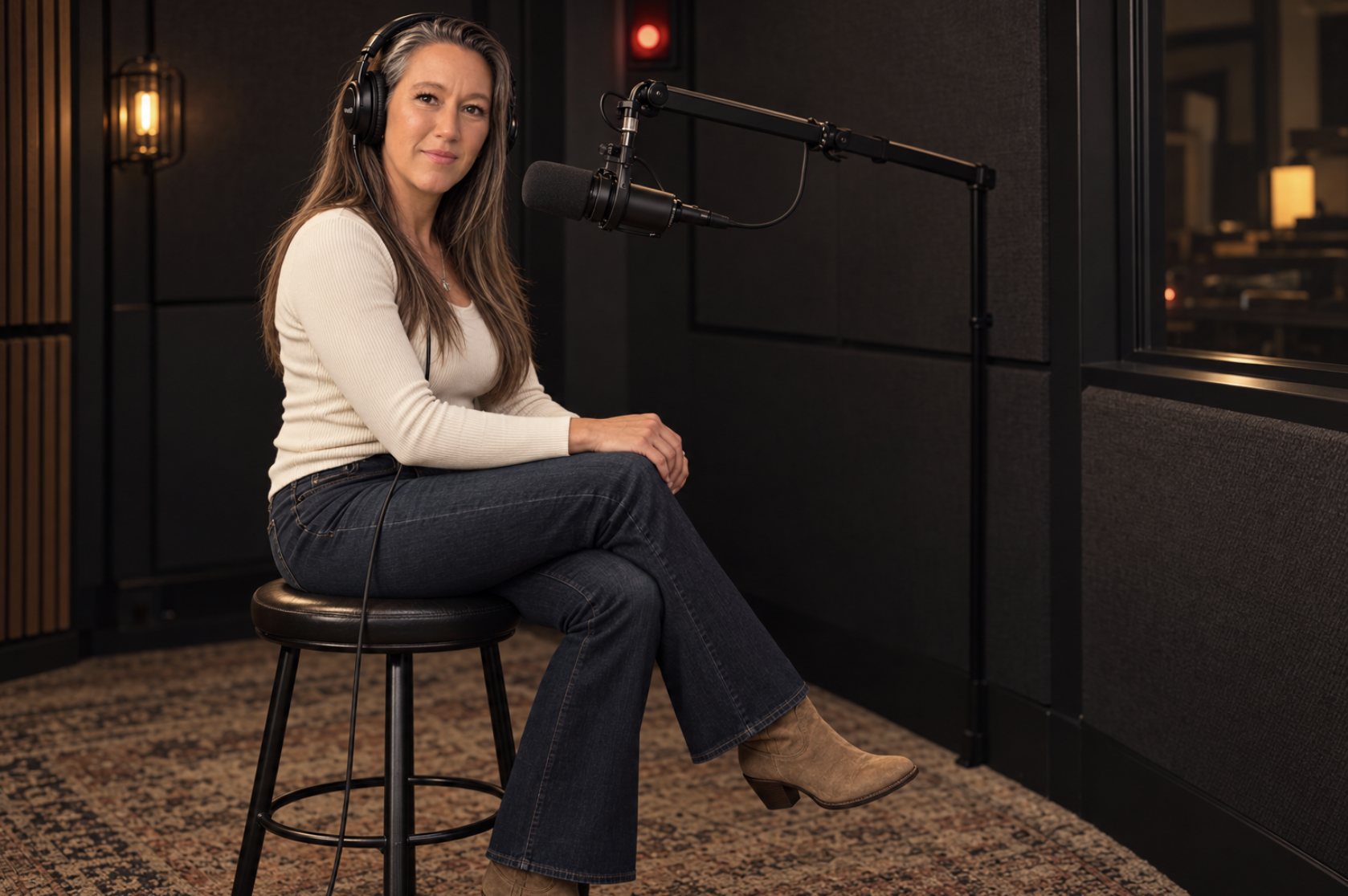 Brooke Trometer in headphones at the studio microphone
